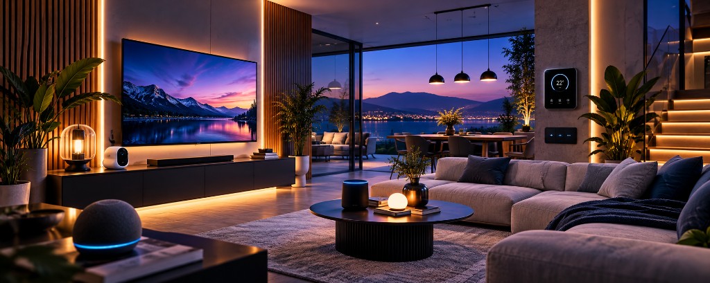 Soggiorno con tecnologia domestica al tramonto: illustrazione dell’ambito casa smart, non un prodotto in vendita.